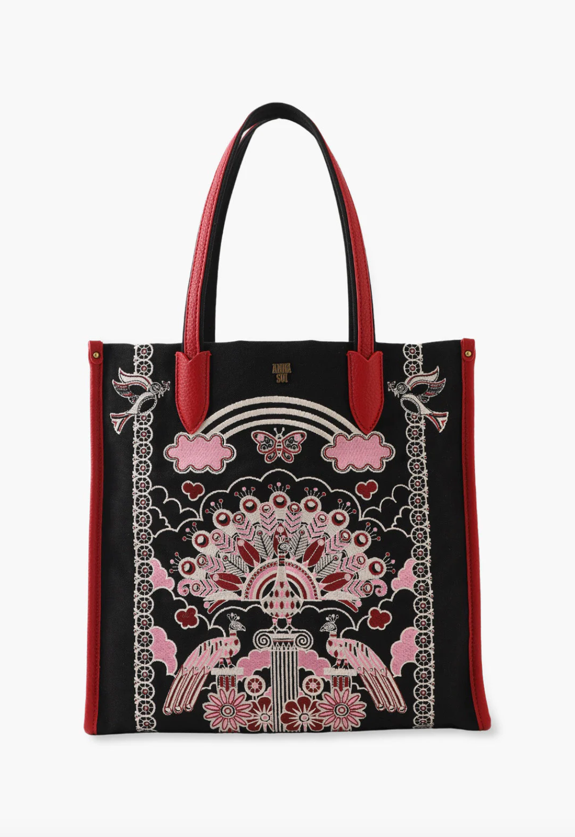 Black Tote, peacock at the center of print, fantastical creatures in a pink and red colorway around
