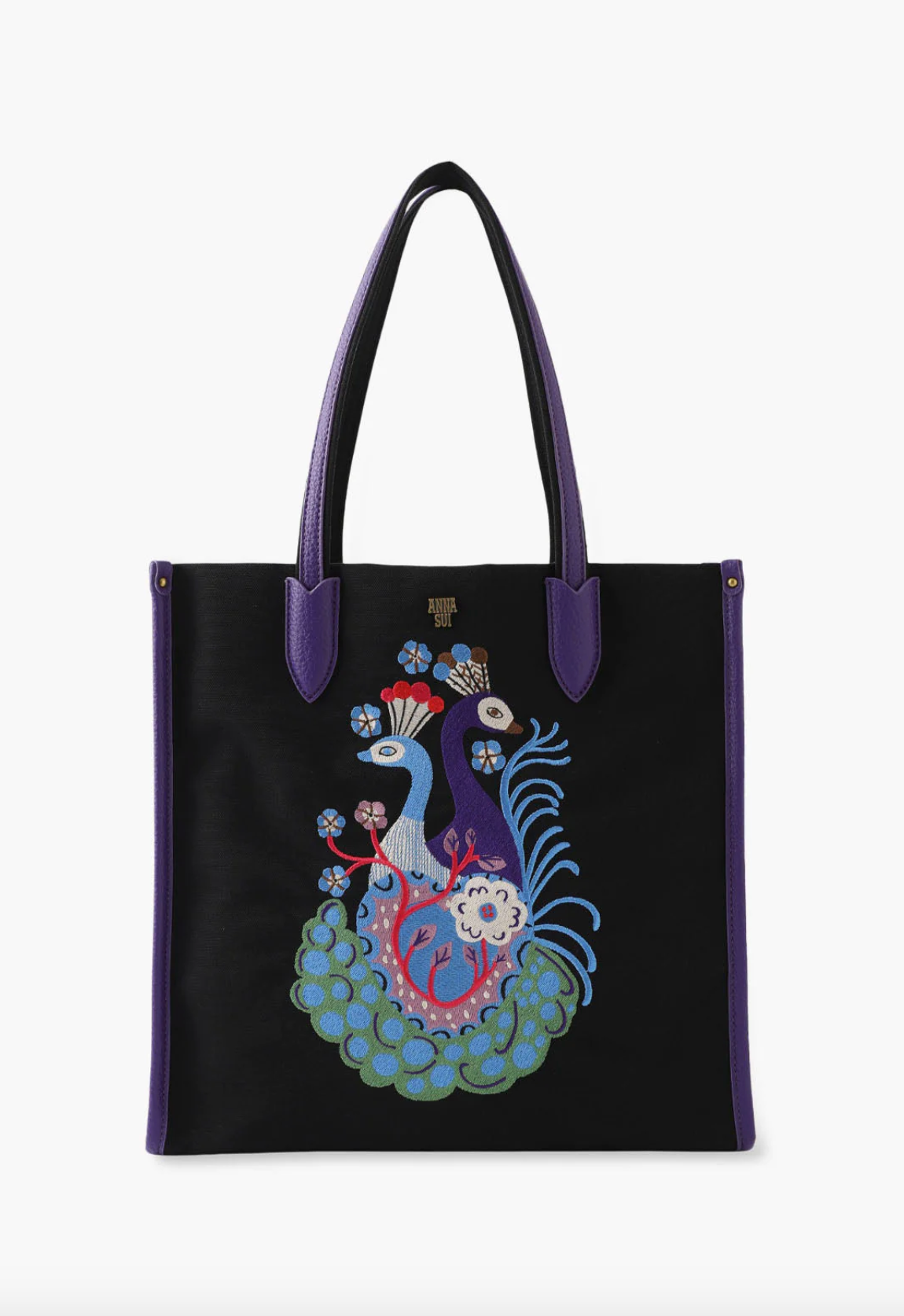 Tote Bag in black print, 2-entrancing peacocks, wildflowers, frilly feathers, 2-purple handles