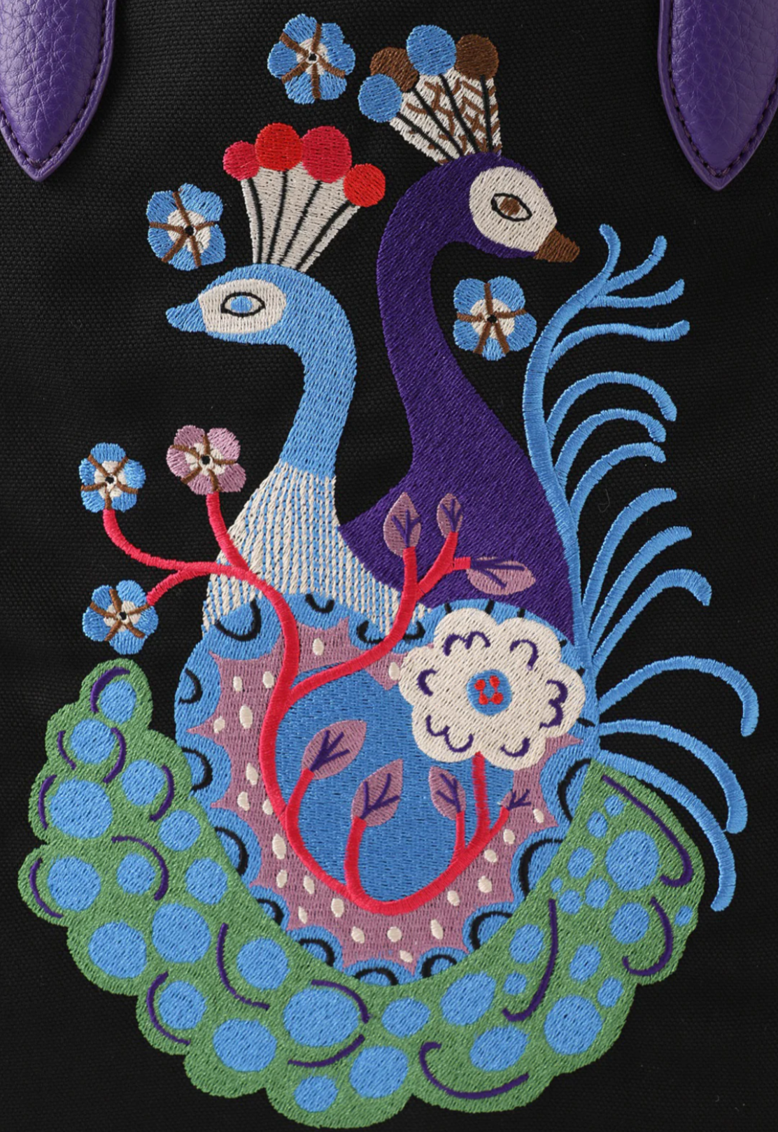 Peacock Tote Bag, print shows two entrancing peacocks with wild flowers and frilly feathers