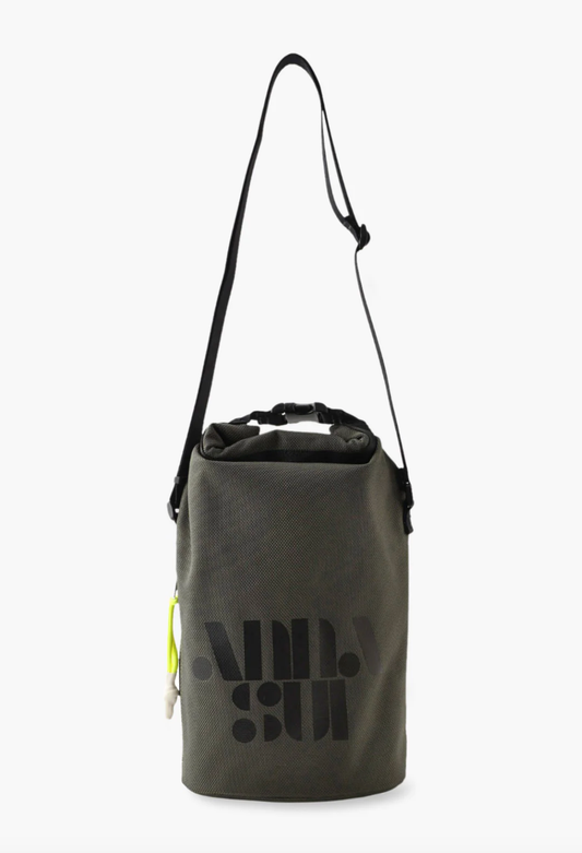 Bucket Bag military green, Anna Sui logo in black retro-fonts, neon yellow pull tabs, black buckle 