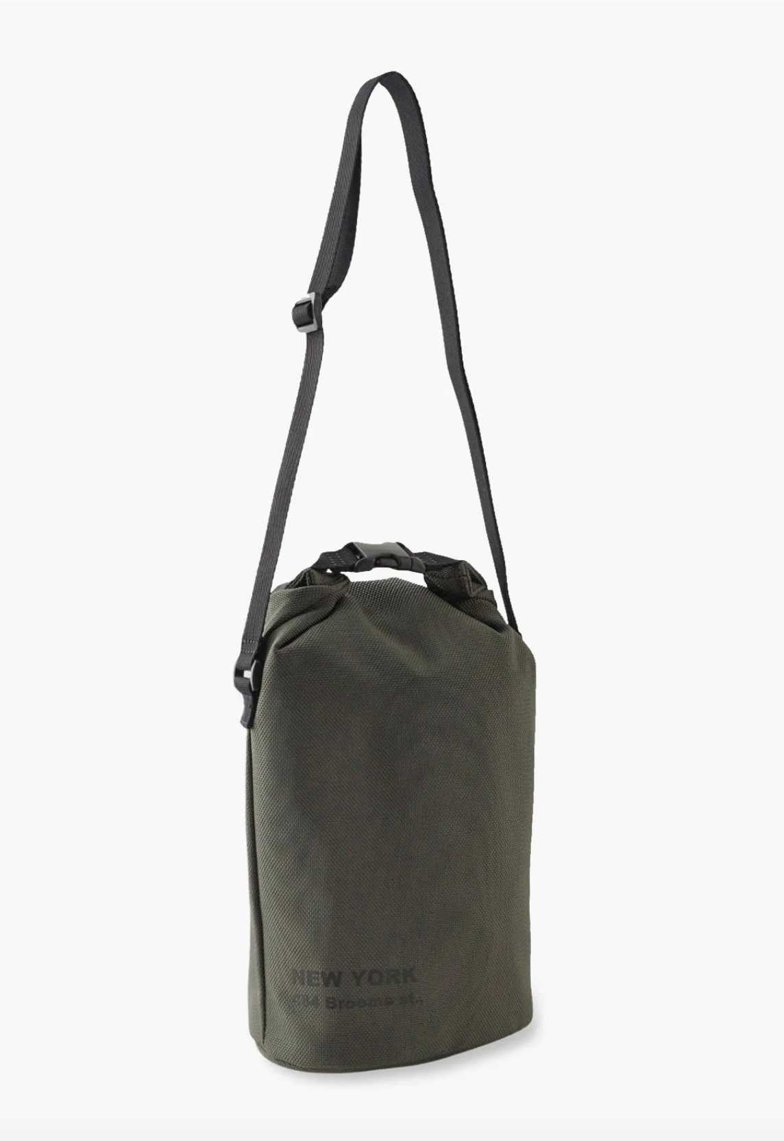 Bucket Bag military green, on back “NY 484 Broome sf.” Green fonts, black buckle, large hems
