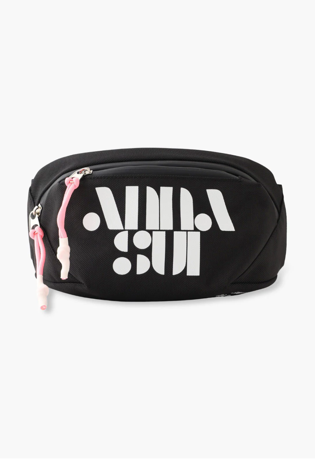 Black bag, front Anna Sui logo in white retro style lettering, light pink pulls on zippers