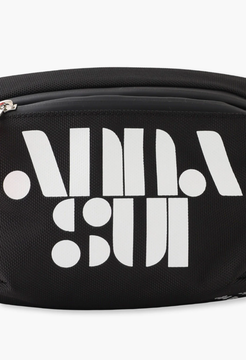 Fanny pack front detail of Anna Sui logo in retro style lettering