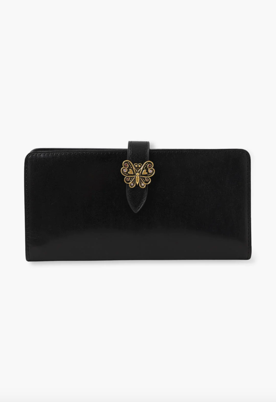 Roger Wallet matte leather finishes, signature Anna Sui butterfly hardware on flap of the wallet