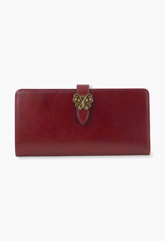 Roger Wallet wine matte leather, signature Anna Sui butterfly hardware on flap of the wallet