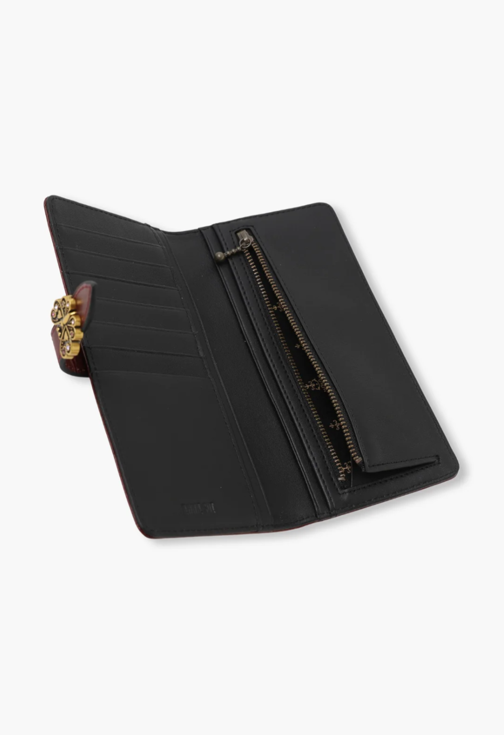 The Roger Wallet wine, 6 card slots, 1 zipper compartment and 4 open compartments. 