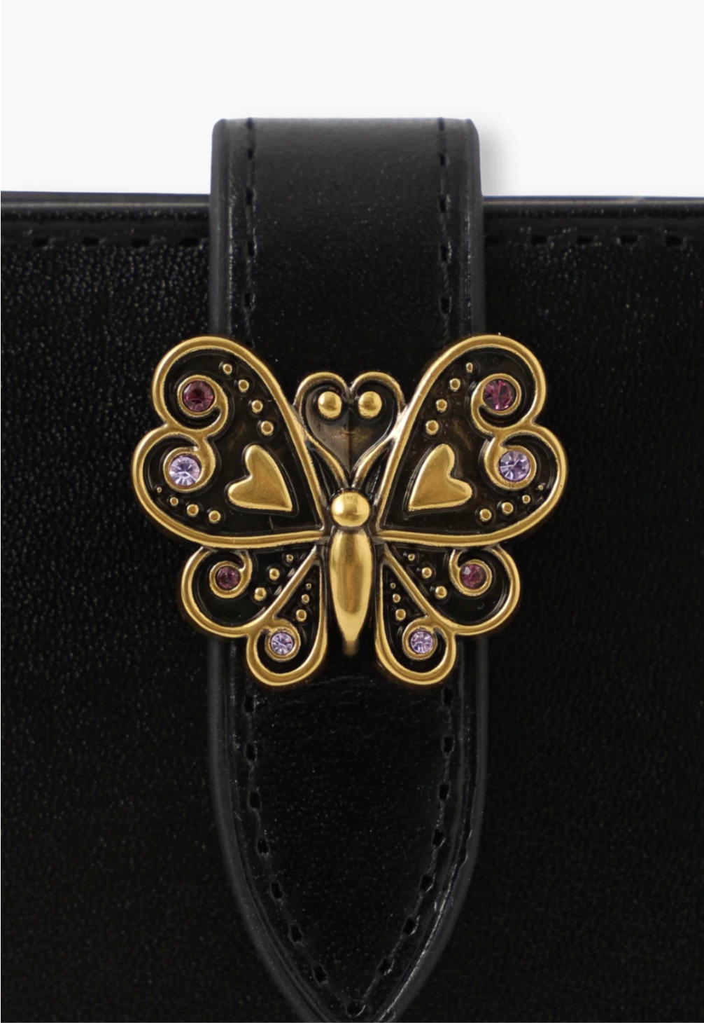 Small Roger Wallet black detail of Anna Sui golden butterfly hardware on flap, black stiches 