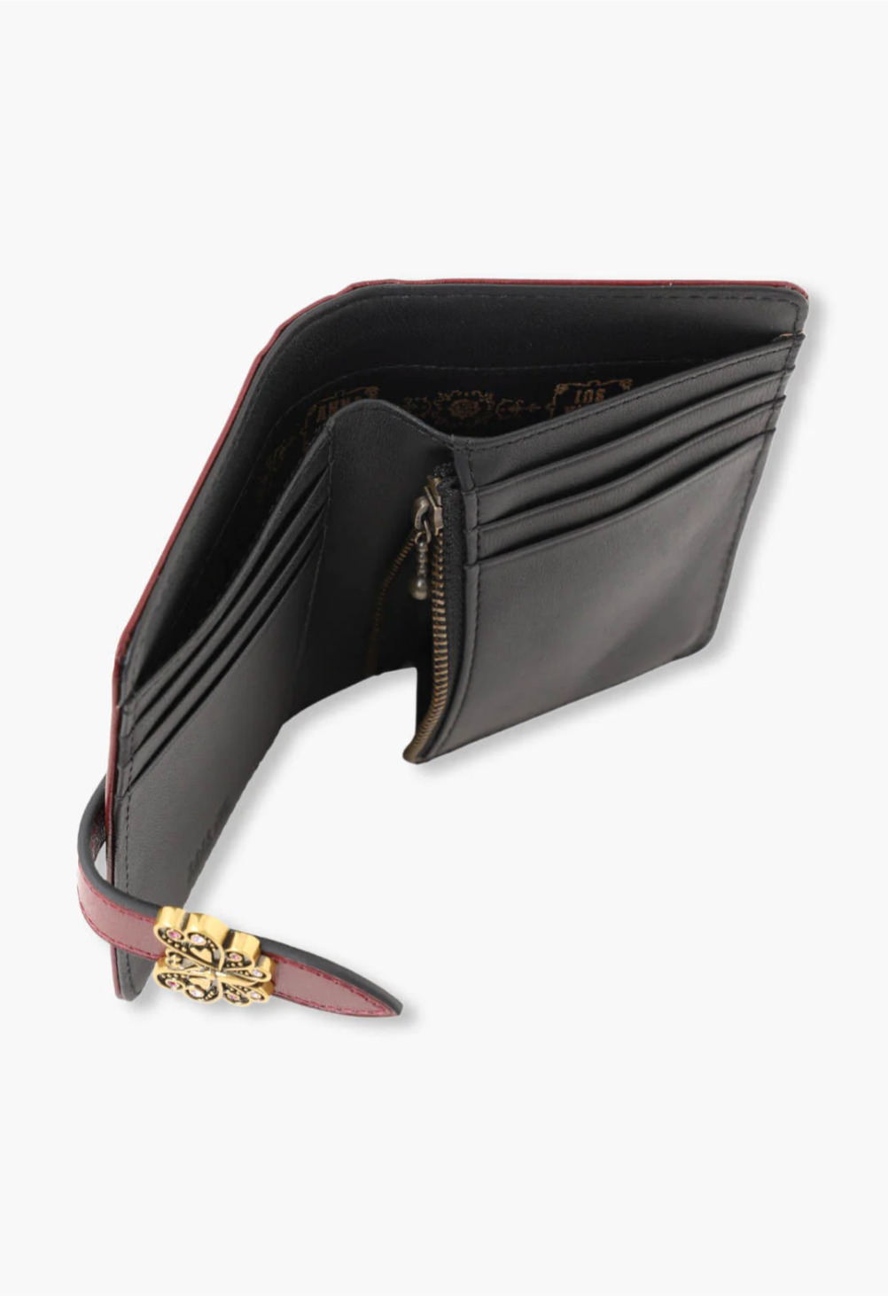 Small Roger Wallet wine, black inside, 6-card slots, 1 zipper compartment, open compartments