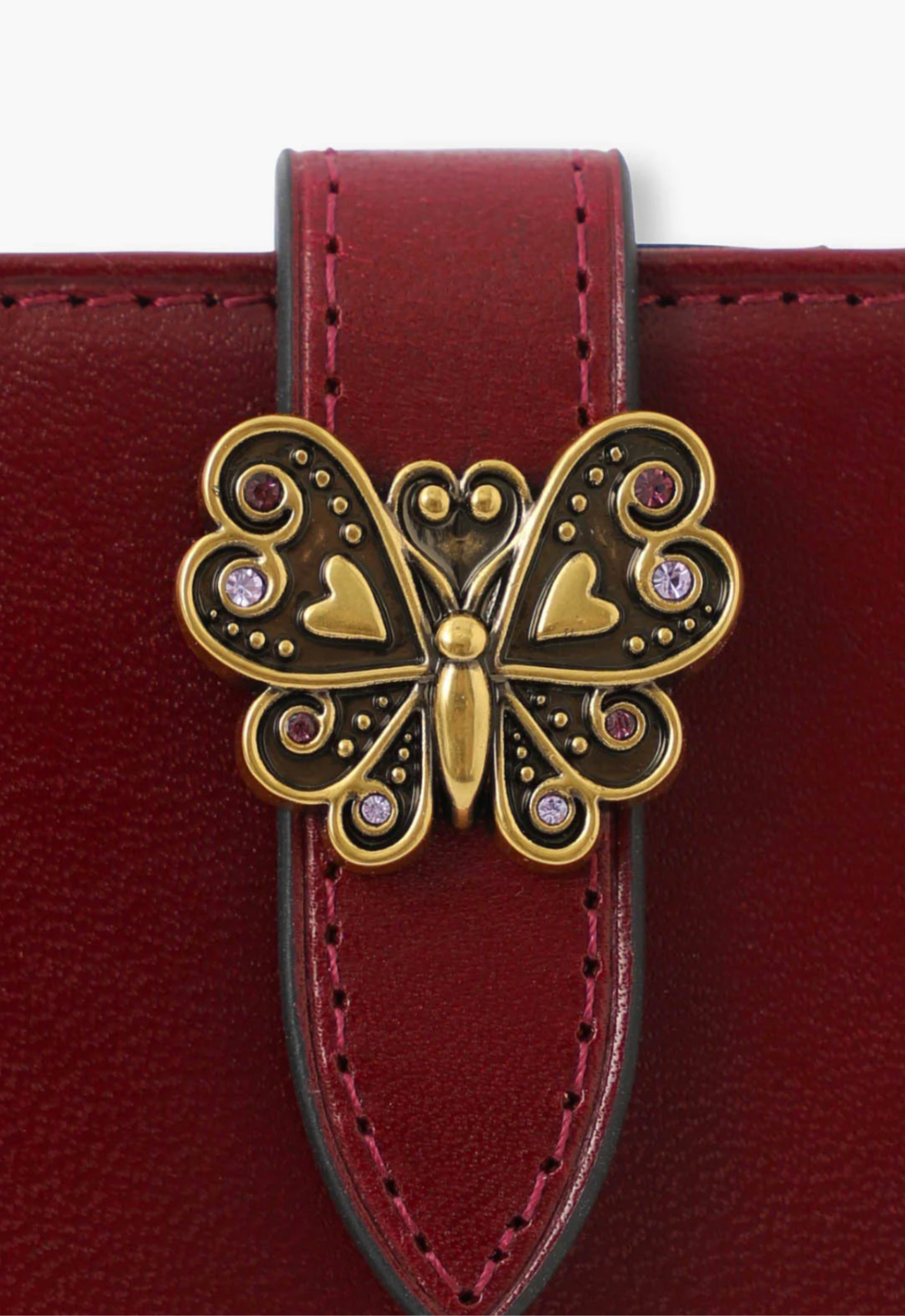Small Roger Wallet wine detail of Anna Sui golden butterfly hardware on flap, wine stiches 