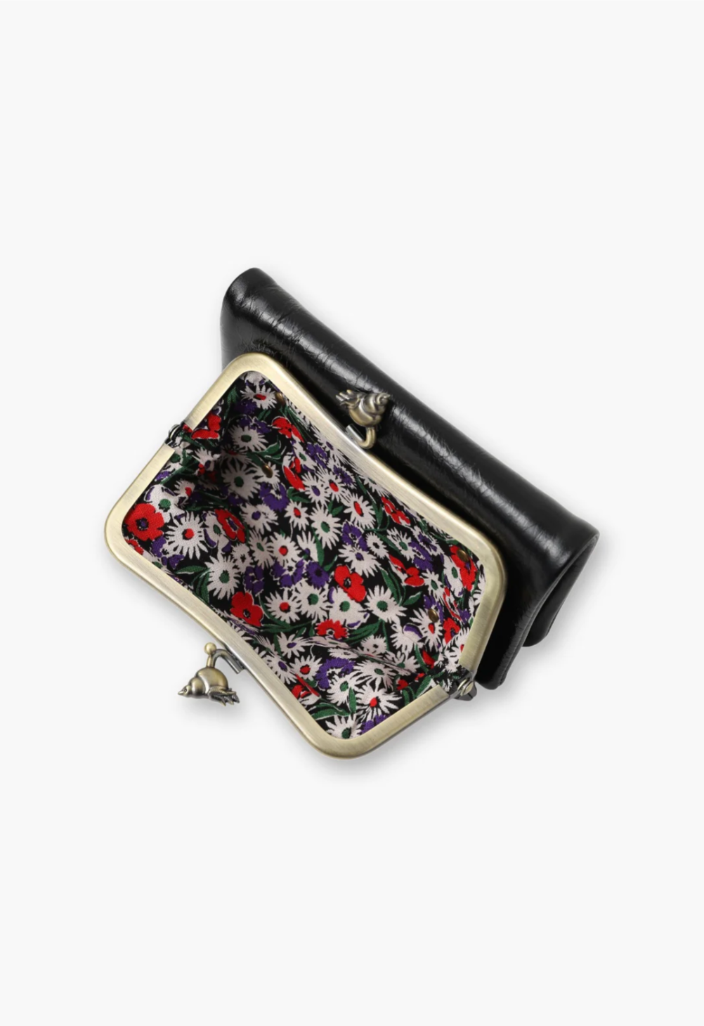 Little Bird Wallet black, front pouch for extra storage with floral fabric, ball snap closure with ditsy bird.