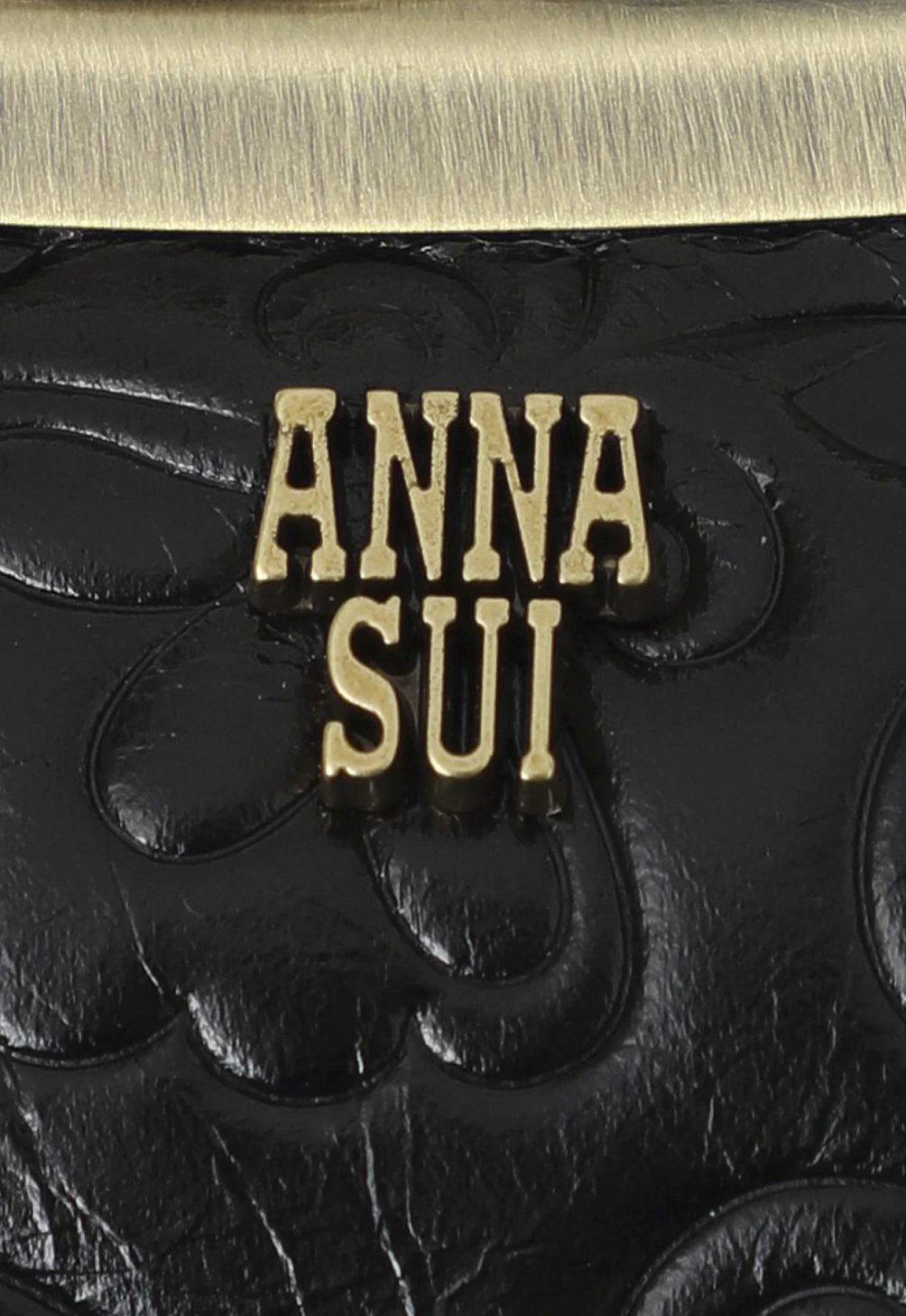 Little Bird Wallet black, ball snap closure with ditsy bird, Anna Sui badge golden letters logo 