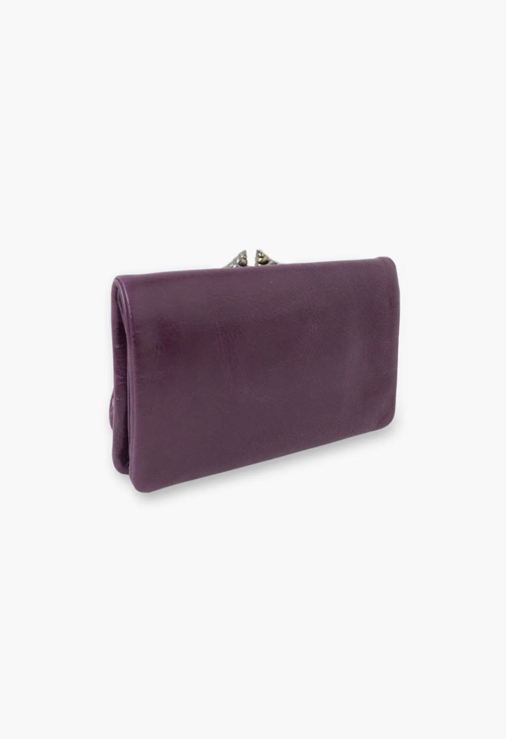 Little Bird Wallet purple cow leather, ball snap closure with ditsy bird on the ball heads