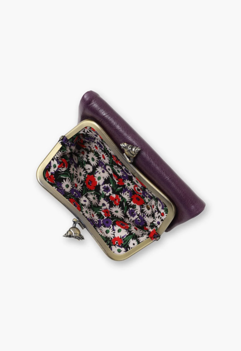 Little Bird Wallet purple, front floral fabric pouch for storage, ball snap closure with ditsy bird