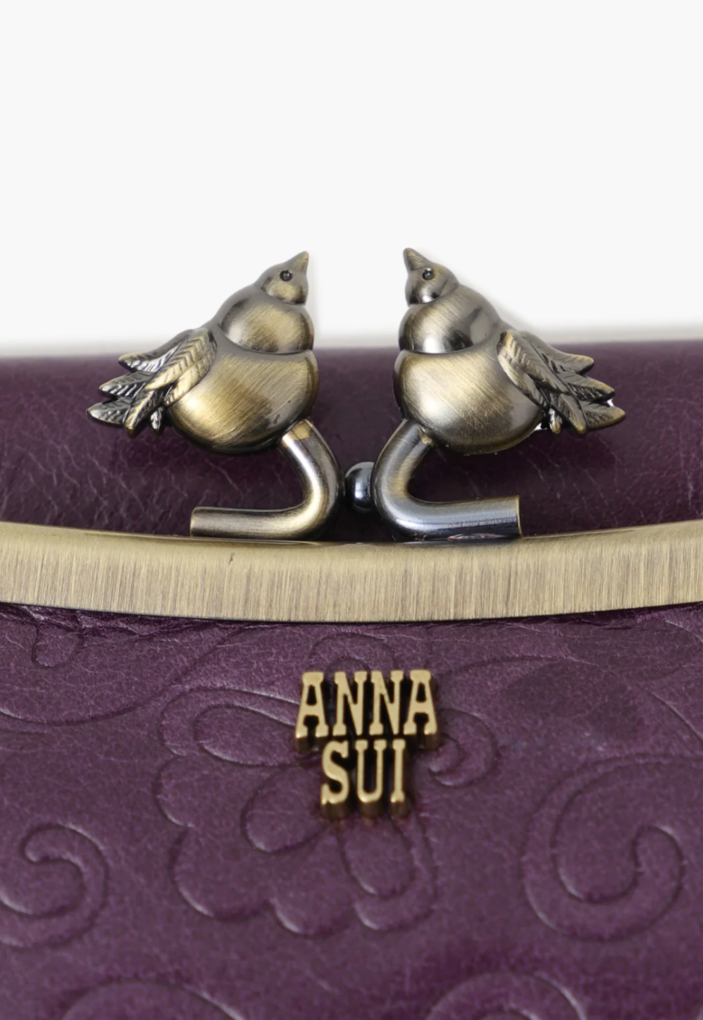 Wallet purple, ball snap with ditsy bird on the ball heads, Anna Sui badge golden letters logo 