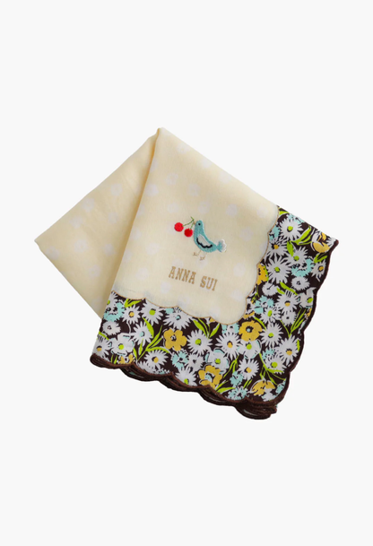 Birds/Berries beige Handkerchief, Anna Sui's label under a Bird with Berries, black border with posies