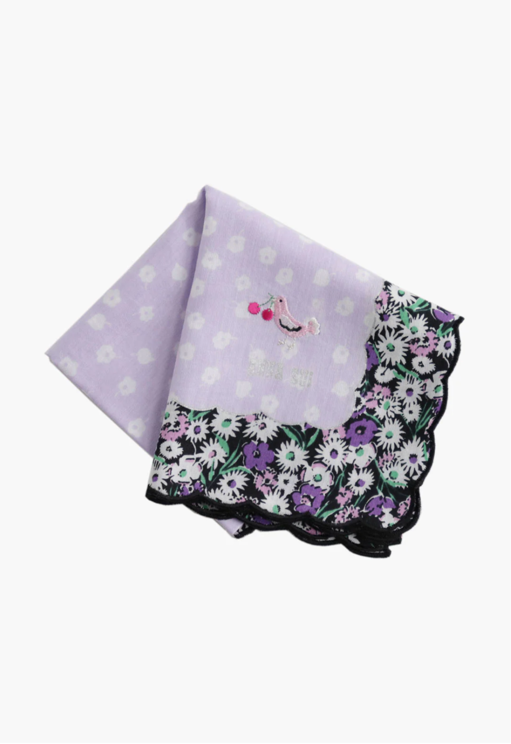 Birds/Berries light purple Handkerchief, Anna Sui's label under pink Bird/Berries, border with posies