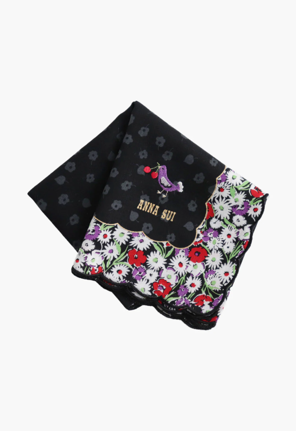 Birds/Berries black Handkerchief, Anna Sui's label under a purple Bird red Berries, border with posies