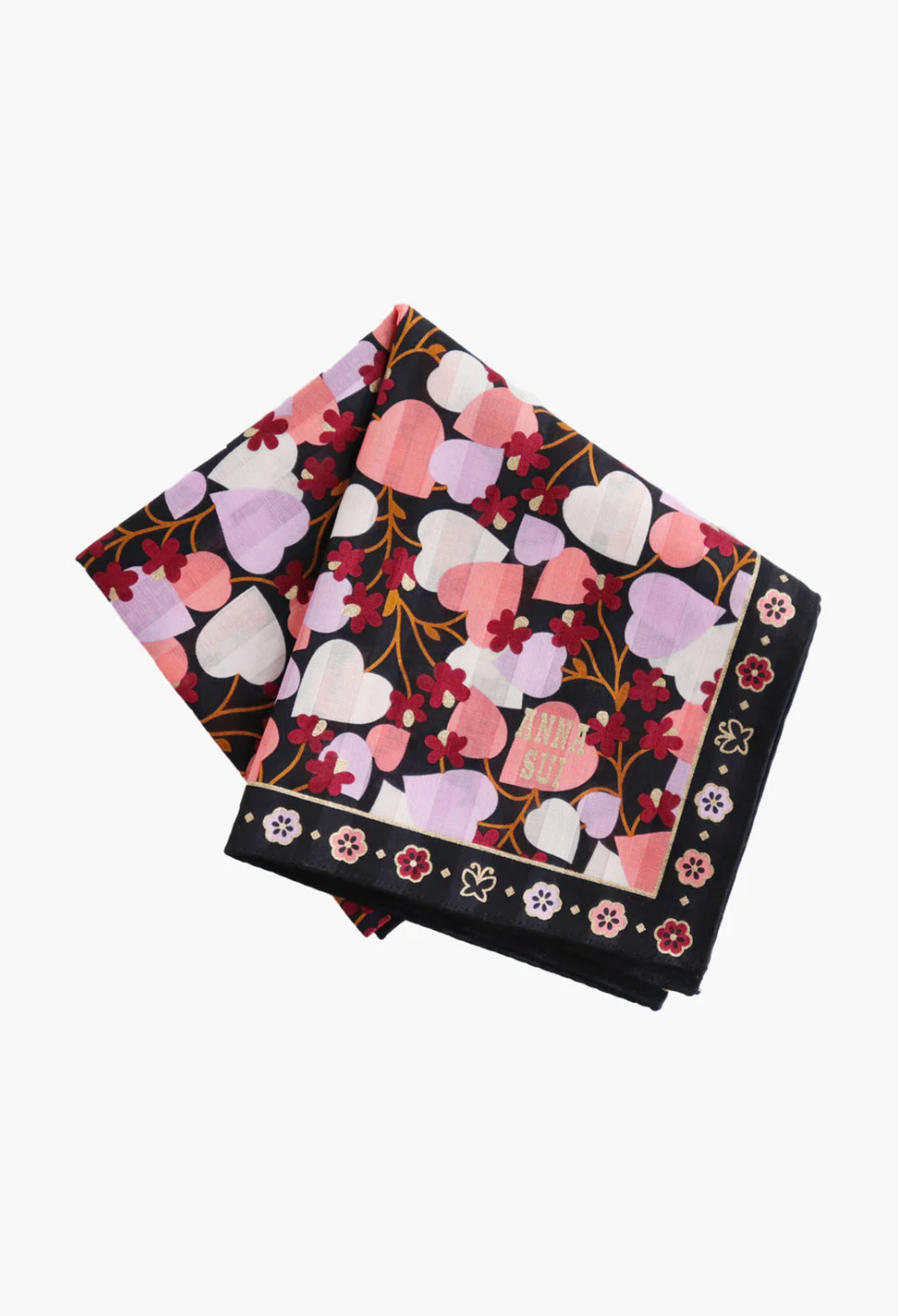 Handkerchief printed color, Anna Sui label, blooming stylized hearts in pink/burgundy, black border