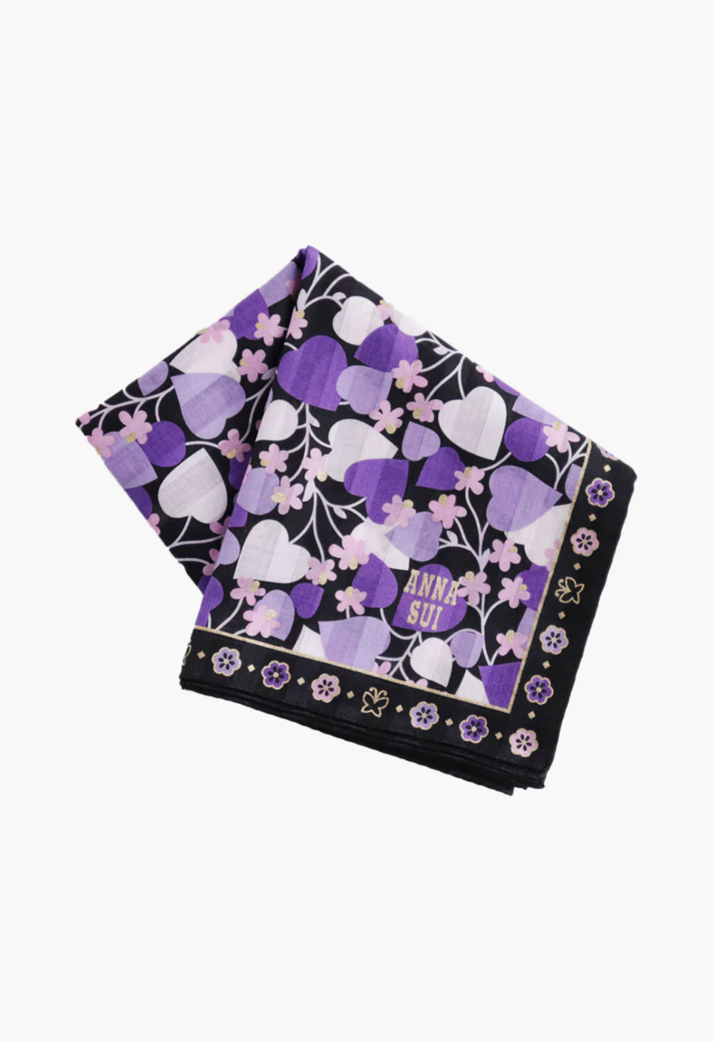 Blooming Hearts Handkerchief, Anna Sui label, blooming stylized hearts in hue of purple, black border