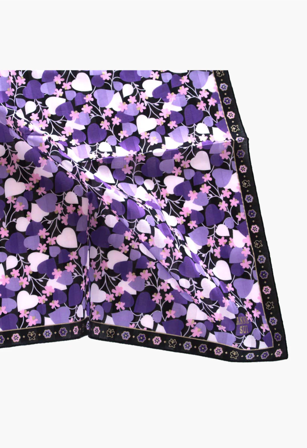 Cotton squared hue of purple Blooming Hearts Handkerchief, Anna Sui label, black border