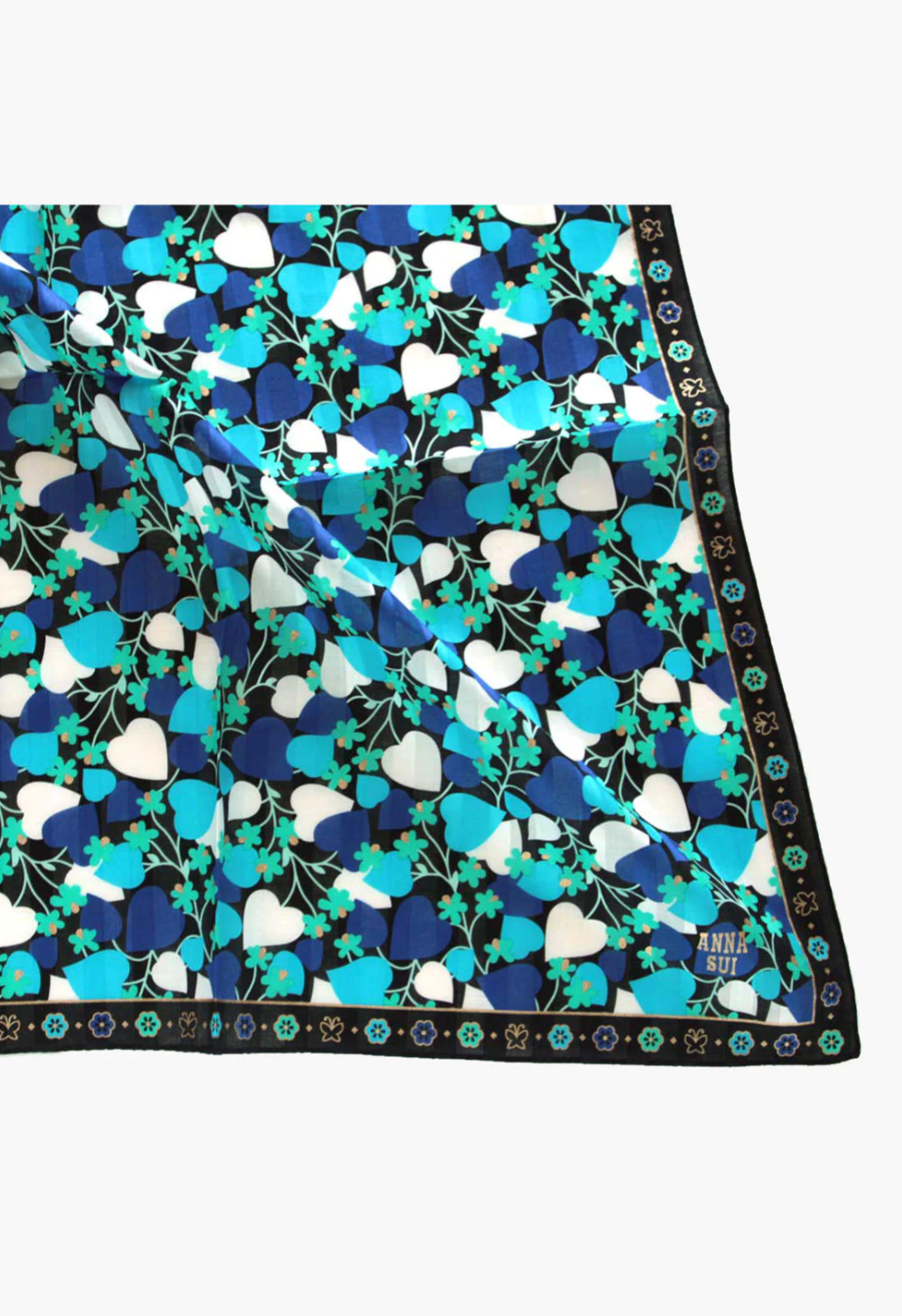 Cotton squared hue of blue Blooming Hearts Handkerchief printed color, Anna Sui label, black border