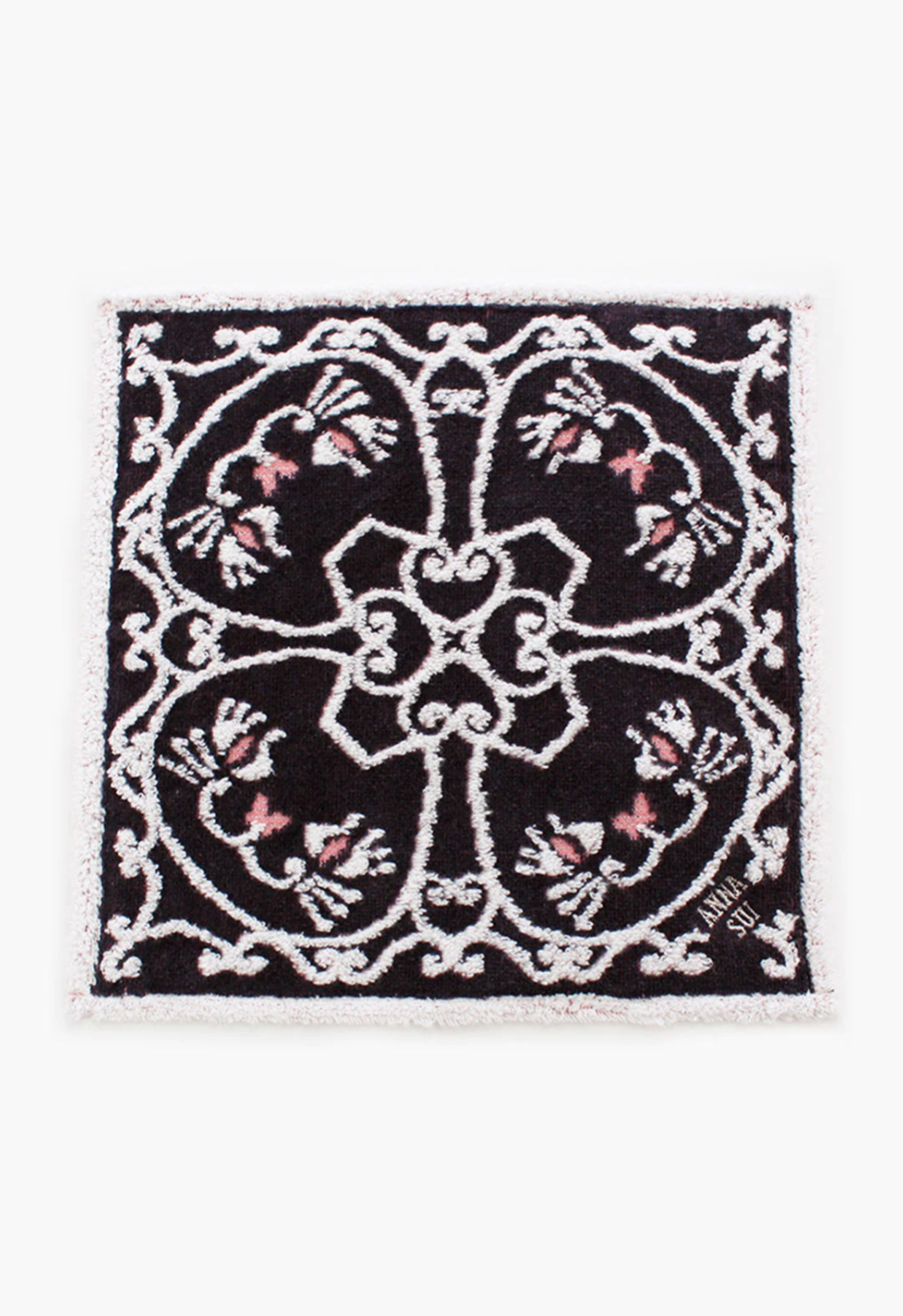 Cat Pattern Washcloth in black, 4 white/pink cat patterns in clover frame, Anna Sui' label in corner 