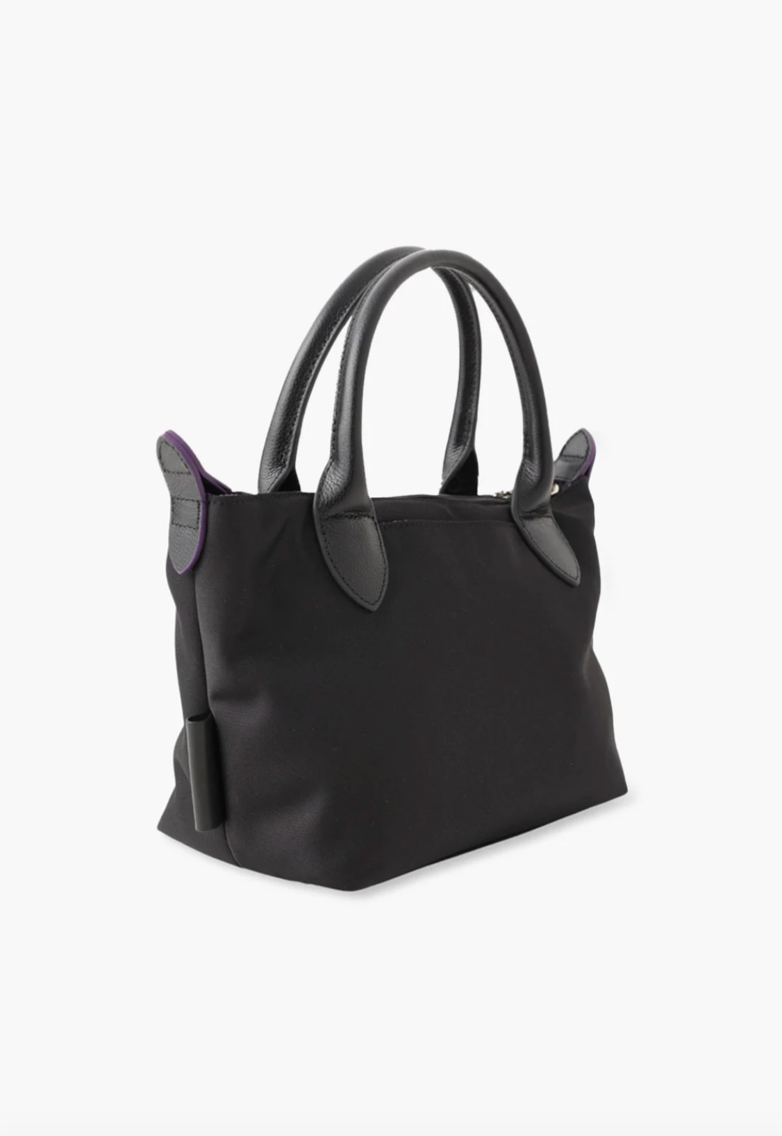 Small Voyage Tote  in black, 2-handdles, zipper on top with leather like horn at extremity 