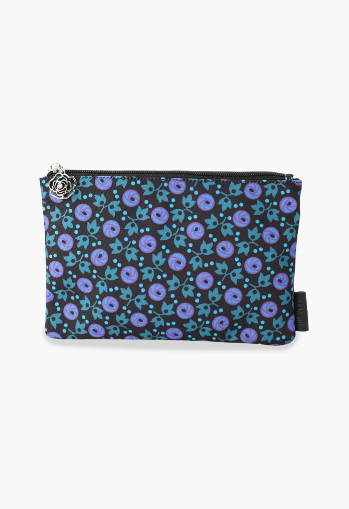 A purse like with floral blueish design, zipper rose with a gemstone pull tab