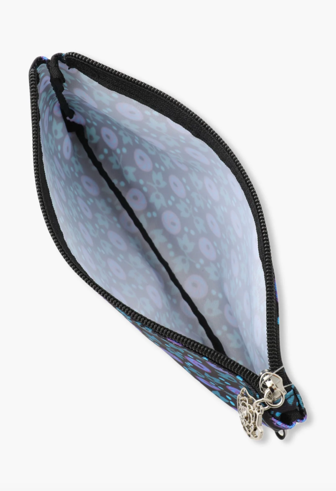 This bag comes with a blue floral pouch, black zipper, rose with a gemstone pull tab