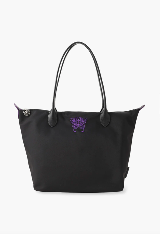 Voyage Tote black, 2-handled, Anna Sui purple embroidered Butterfly signature top of the bag