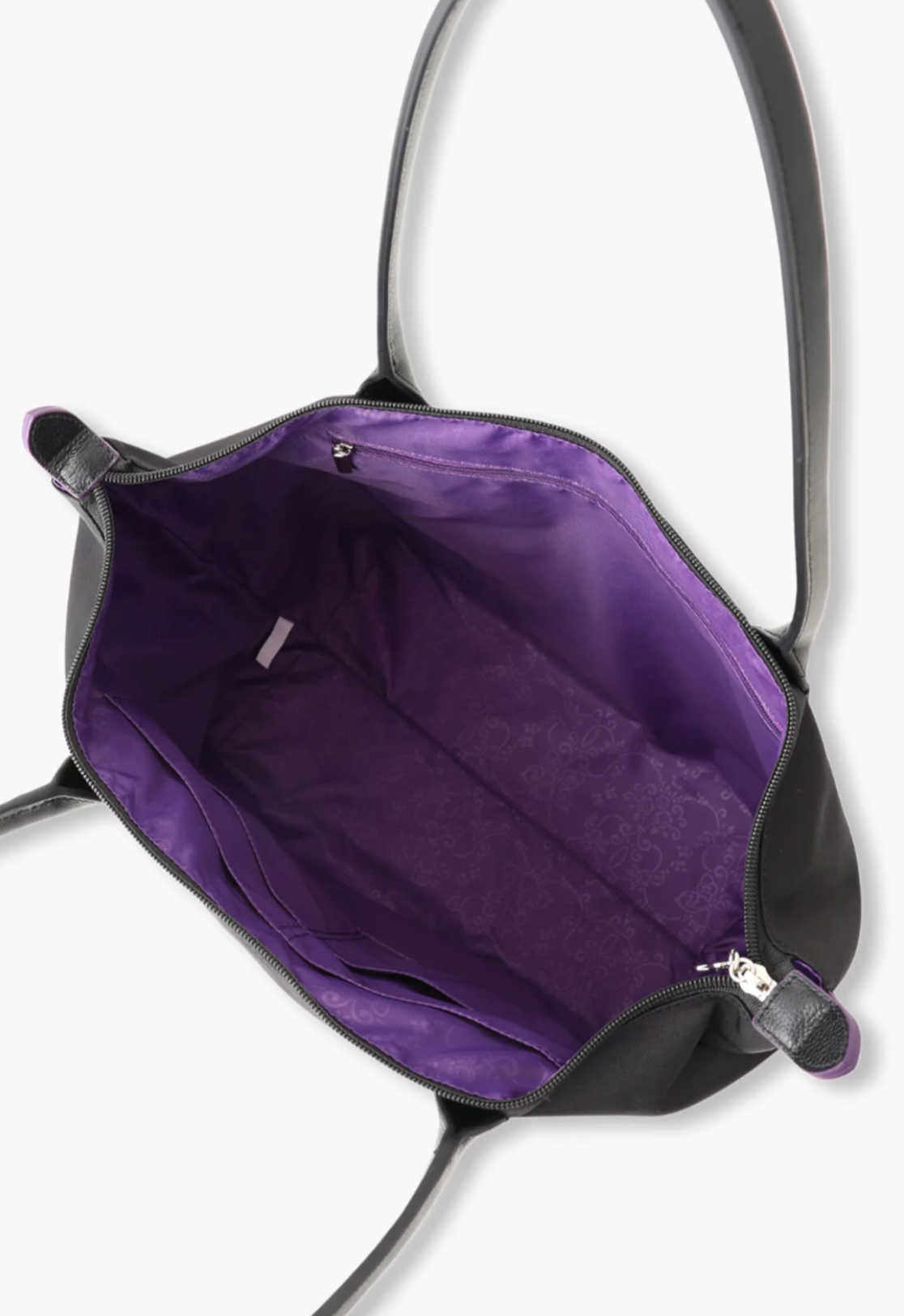 Voyage Tote, large purple inside compartment, 2-open pockets with 2 slots, 1 zipper compartment