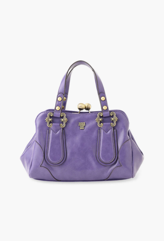 Handbag purple smooth matte finished, ball clasp closure, 2-straps with golden hardware