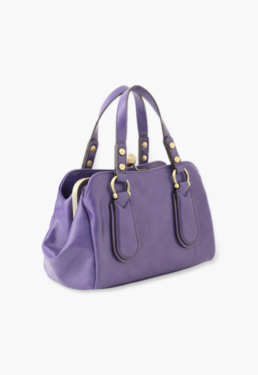 Handbag purple, golden ball clasp closure, hand-straps with hardware and attach pads