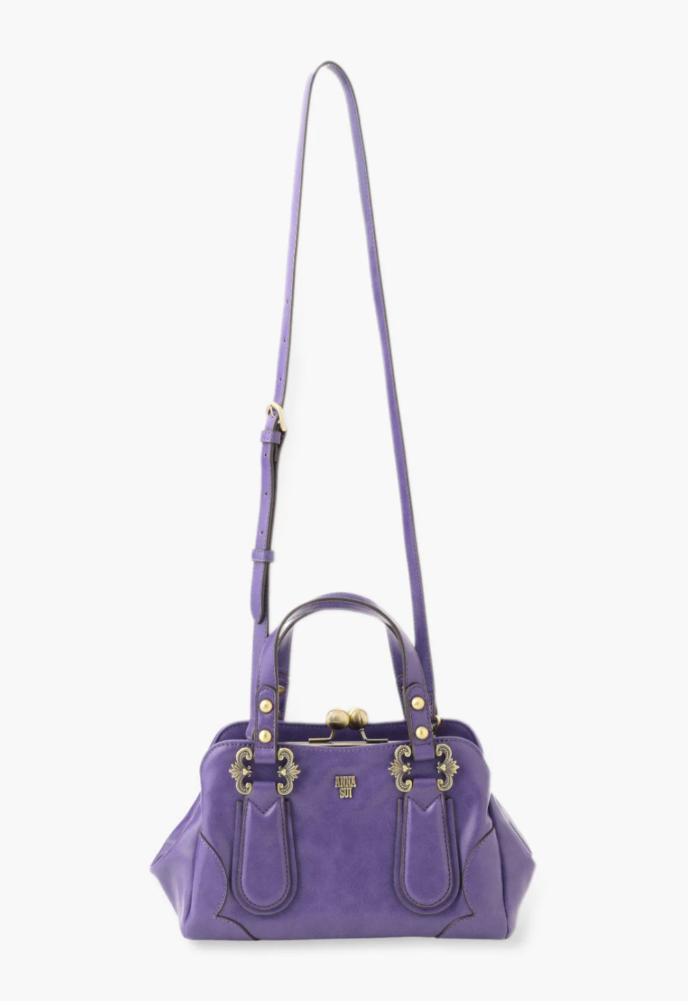 Handbag purple, golden ball clasp closure, long shoulder-straps attached inside 