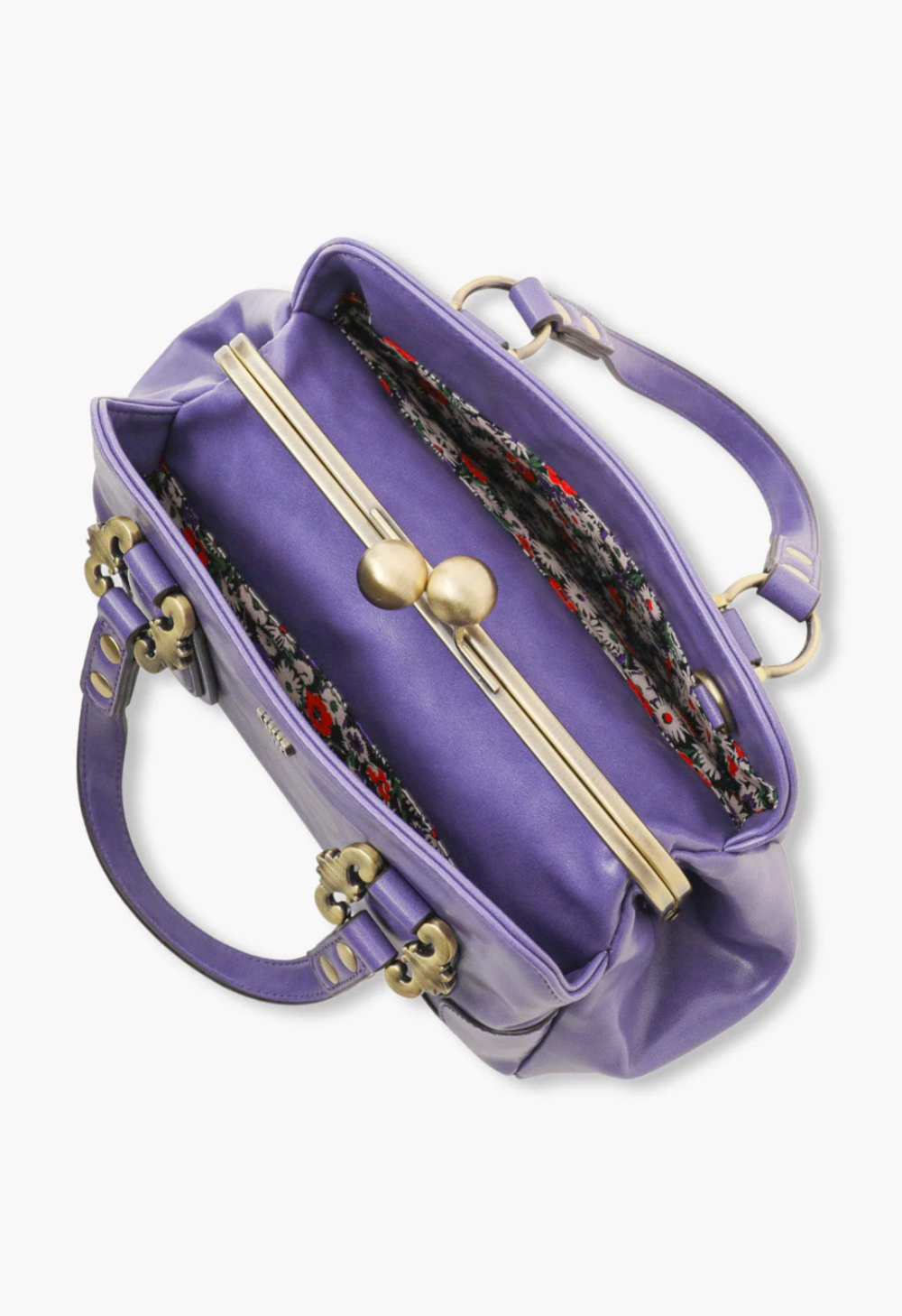 Handbag purple, the central compartment separates floral fabric compartments for belongings