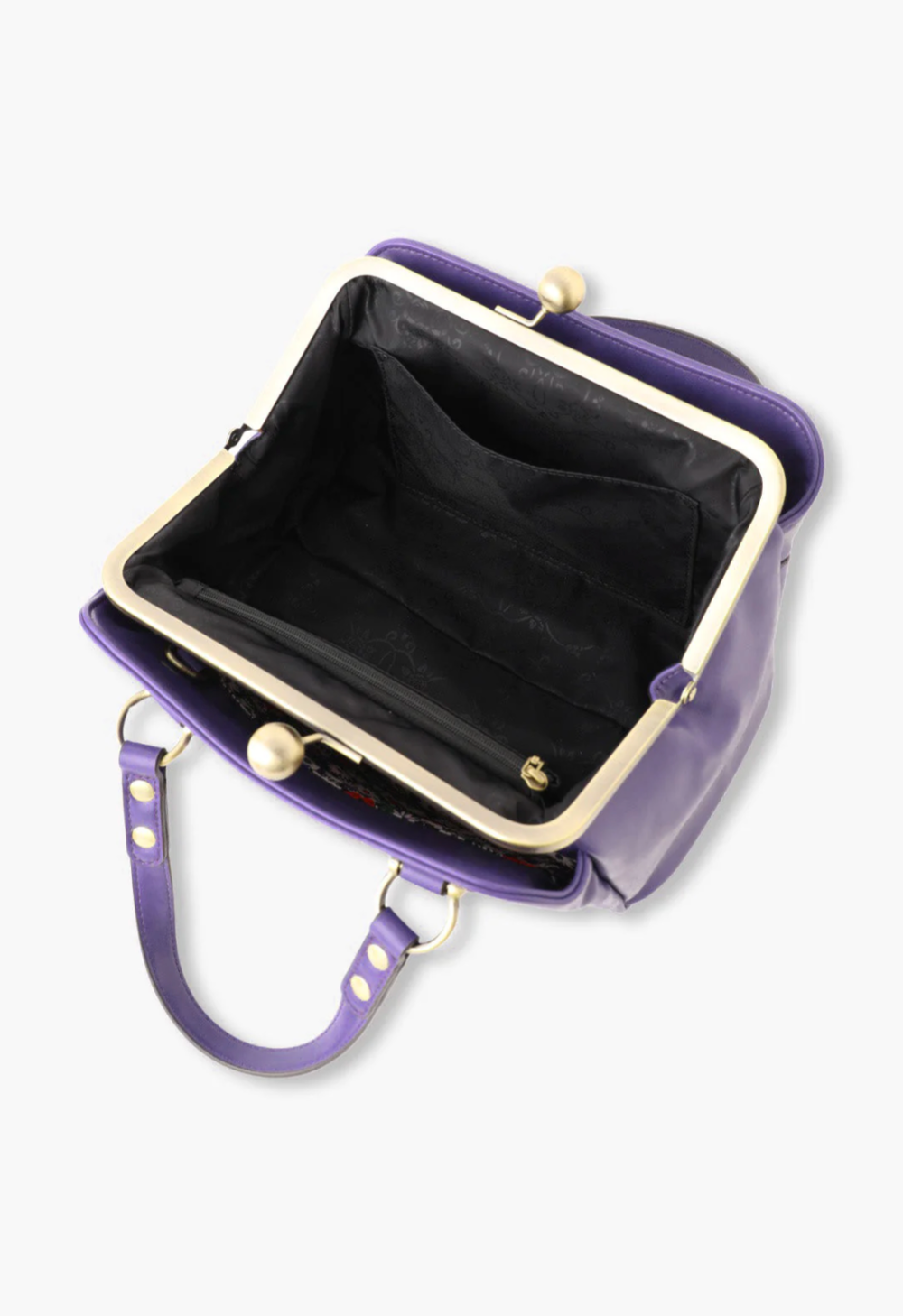 Central compartment, metal ball clasp and frame, black fabric interior, and side zipper pocket