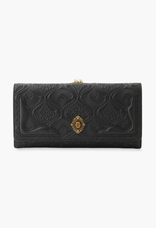 Black leather wallet with Victorian embossed patterns, vintage Anna Sui logo and kiss lock closure