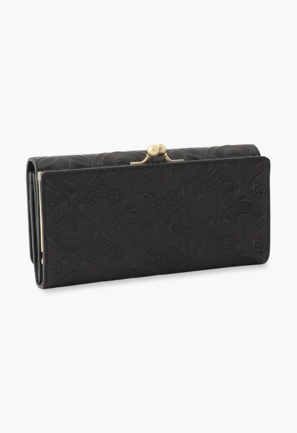 Nova Wallet black leather wallet with Victorian embossed patterns, golden kiss lock closure