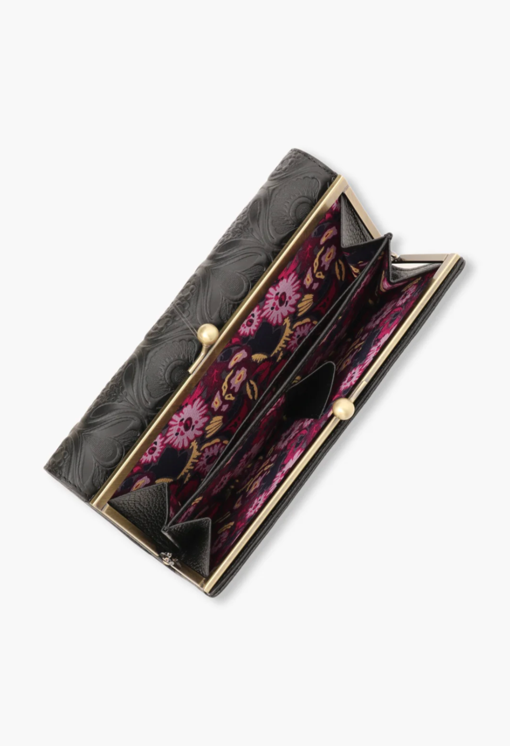 Nova Wallet black, golden kiss lock closure, purple floral fabric inside