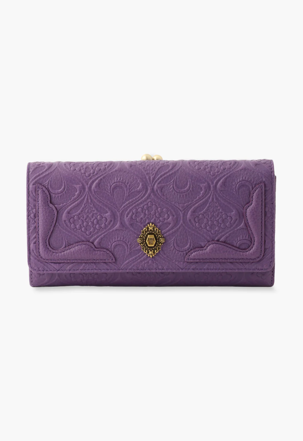 Purple leather wallet, Victorian embossed patterns, vintage Anna Sui logo and kiss lock closure
