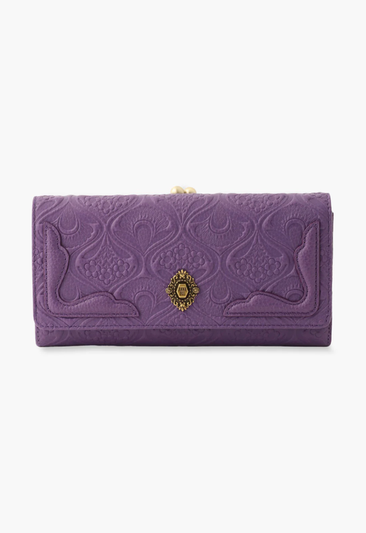 Purple leather wallet, Victorian embossed patterns, vintage Anna Sui logo and kiss lock closure