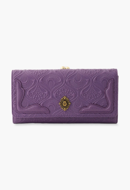 Purple leather wallet, Victorian embossed patterns, vintage Anna Sui logo and kiss lock closure