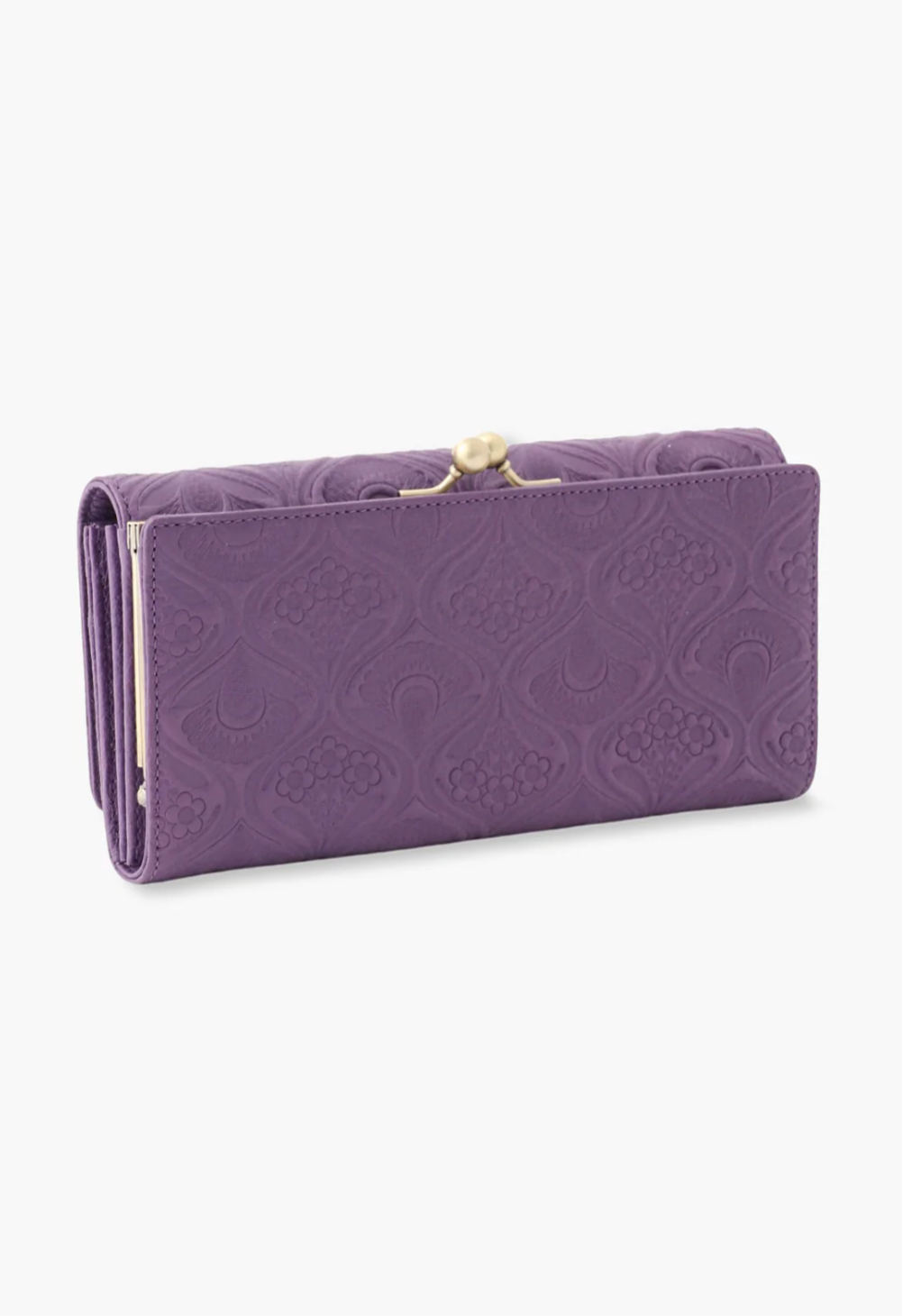 Nova Wallet purple leather wallet with Victorian embossed patterns, golden kiss lock closure