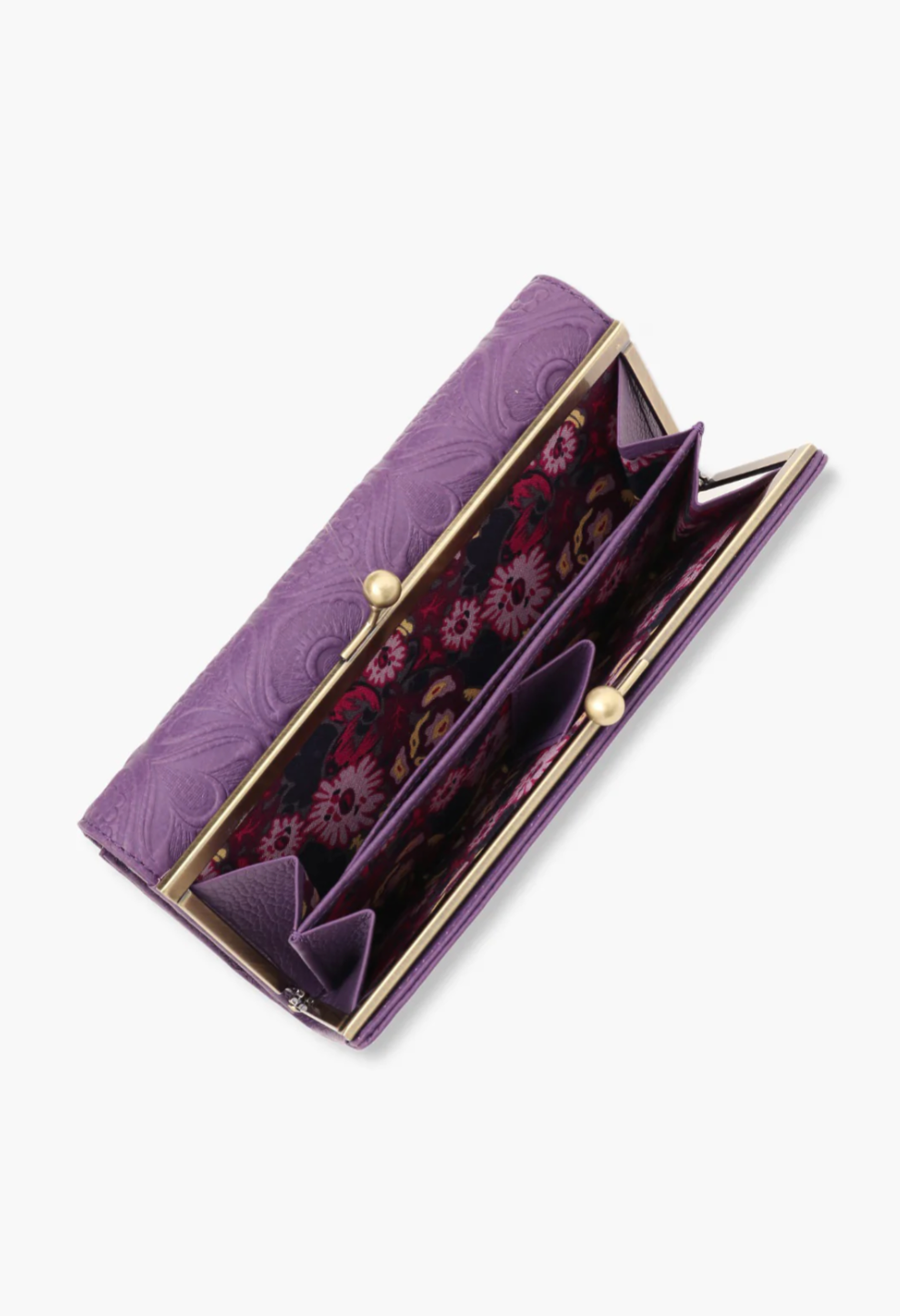 Nova Wallet purple, golden kiss lock closure, purple floral fabric inside