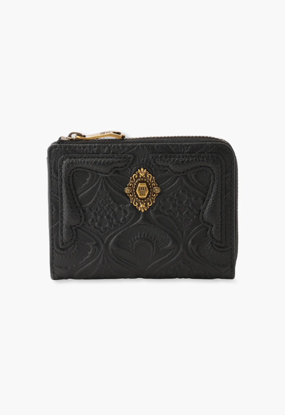 Mini matte leather wallet, Victorian embossed patterns, finished with a vintage Anna Sui logo and zipper closure