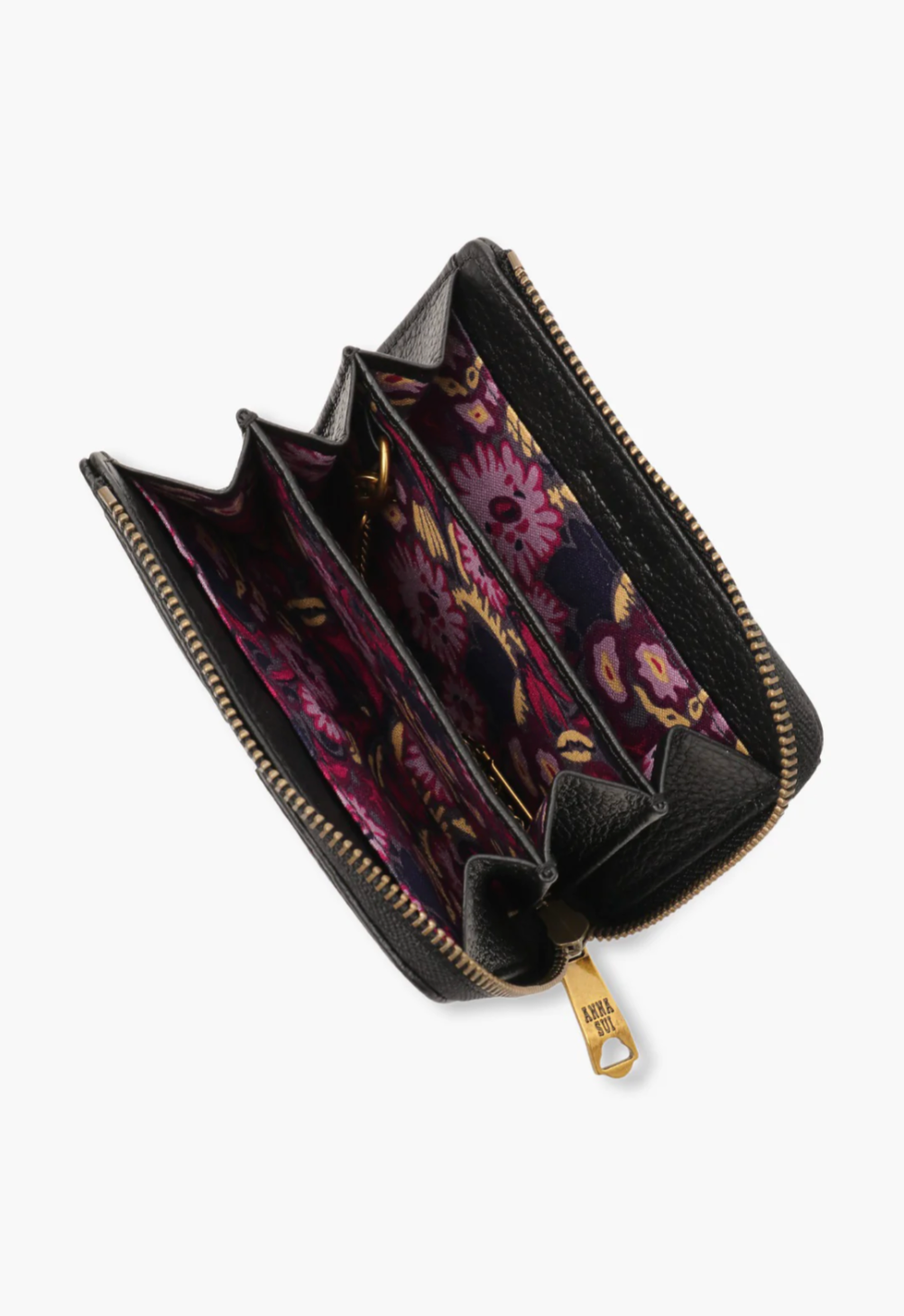 Nova Small Wallet black, 5 card slots and 3 open compartments, floral fabric inside 