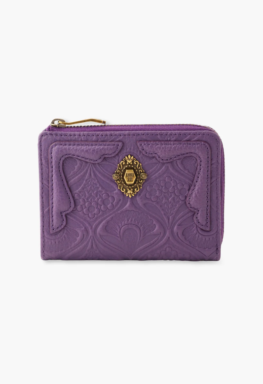 Mini leather wallet, Victorian embossed patterns, vintage Anna Sui logo and zipper closure