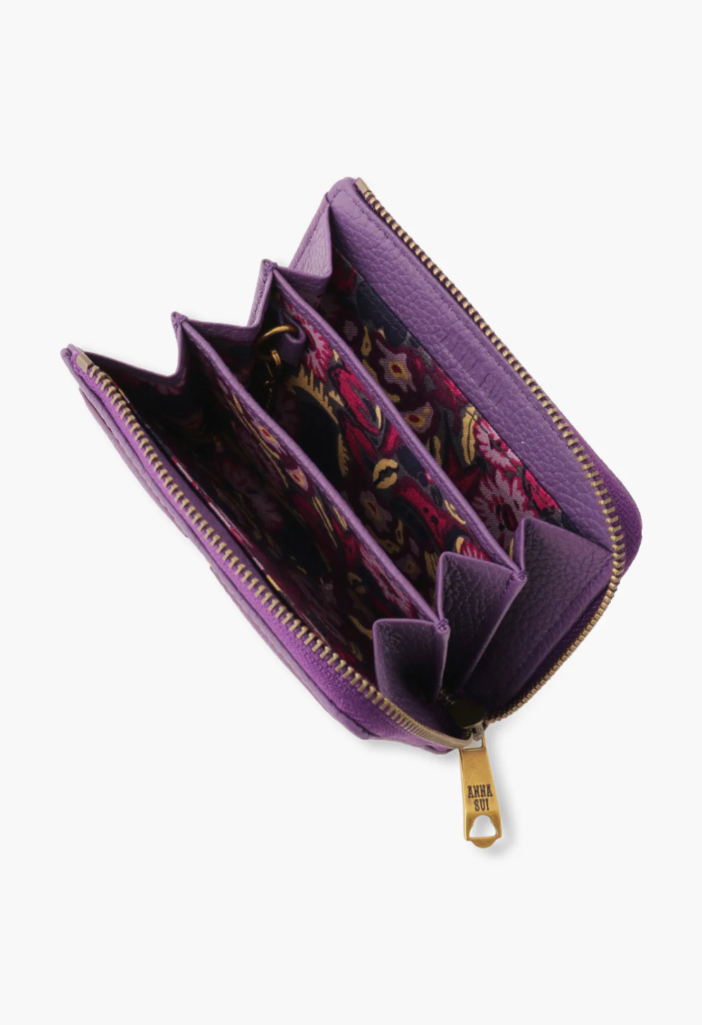 Nova Small Wallet purple, 5 card slots and 3 open compartments, floral fabric inside 