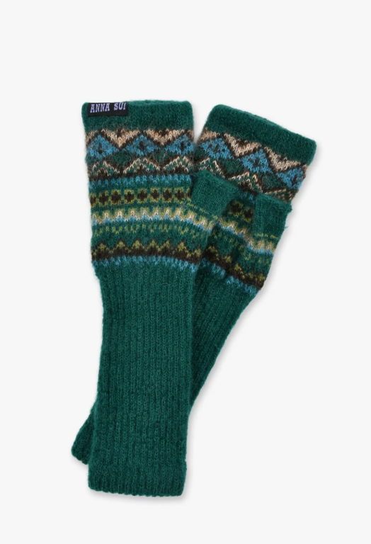 Anna Sui Fair Isle Fingerless Gloves- Green