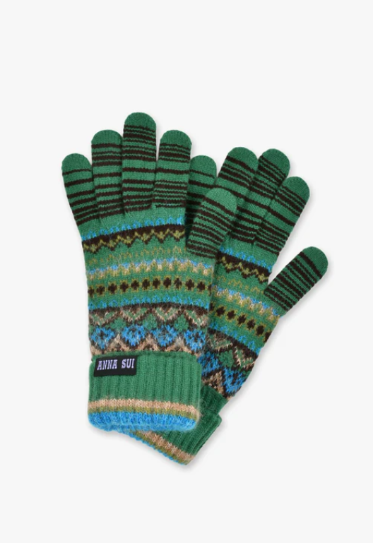Anna Sui Fair Isle Gloves- Green